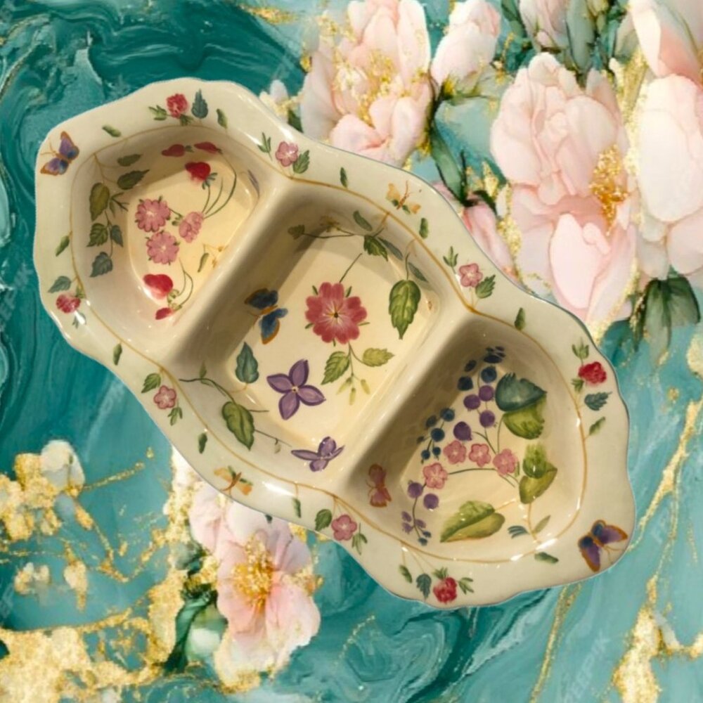 ENGLISH MEADOW  Hand Painted Scalloped Three Section Ceramic Dish